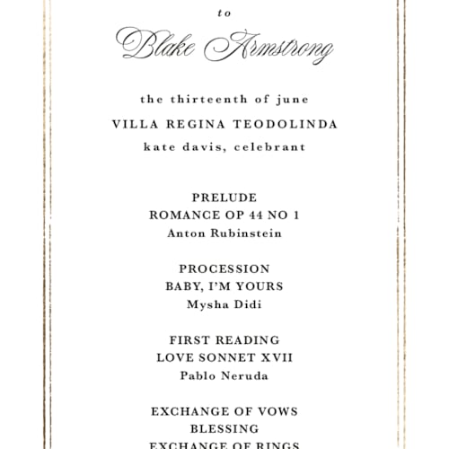 This is a diamond unique wedding programs with foil pressed by Kate Ahn called lake como printing on signature in standard