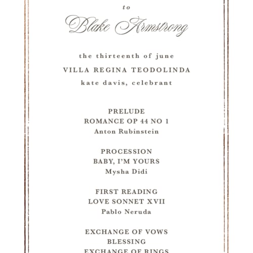 This is a truffle unique wedding programs with foil pressed by Kate Ahn called lake como printing on signature in 4x9