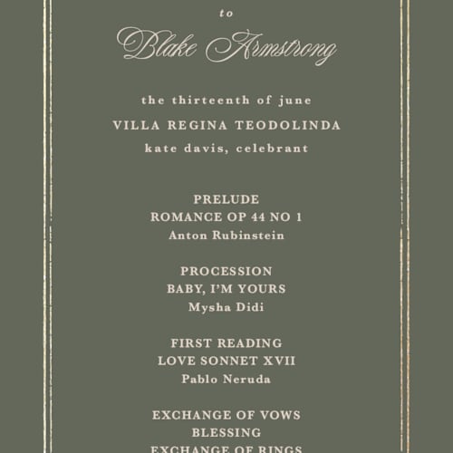 This is a sage unique wedding programs with foil pressed by Kate Ahn called lake como printing on signature in 4x9