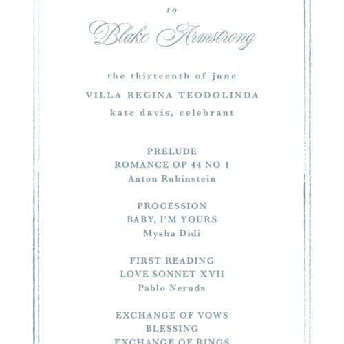 This is a sky unique wedding programs with foil pressed by Kate Ahn called lake como printing on signature in 4x9