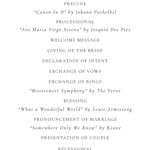 This is a spun sugar unique wedding programs with foil pressed by Jessica Williams called aligned printing on signature in 4x9