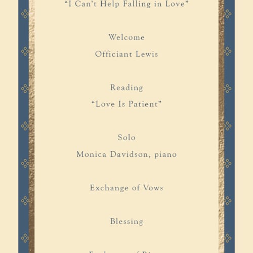 This is a navy unique wedding programs with foil pressed by Baumbirdy called woven printing on signature in standard