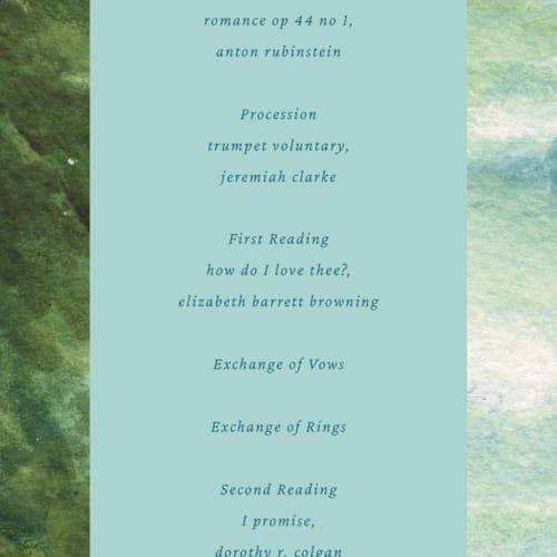 This is a indicolite unique wedding programs with foil pressed by Claudia Orengo called tuileries printing on signature in 4x9