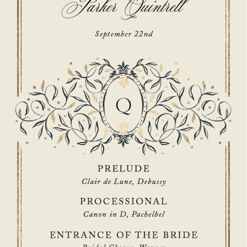 This is a tangerine unique wedding programs with foil pressed by Jackie Crawford called josephine printing on signature in standard