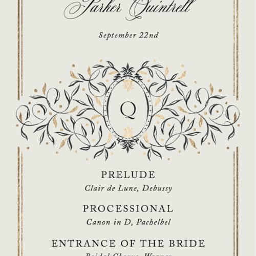 This is a noir unique wedding programs with foil pressed by Jackie Crawford called josephine printing on signature in 4x9