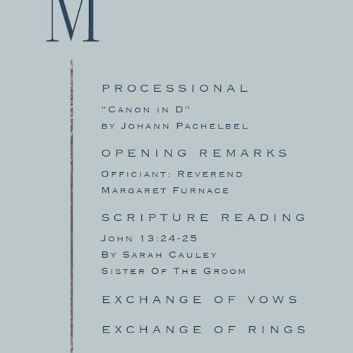 This is a fog unique wedding programs with foil pressed by Laura Hankins called linear printing on signature in 4x9