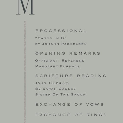 This is a sage unique wedding programs with foil pressed by Laura Hankins called linear printing on signature in 4x9