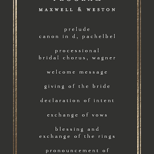 This is a ebony unique wedding programs with foil pressed by Ana de Sousa called timeless nature printing on signature in standard