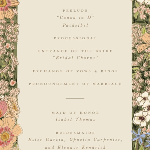 This is a sherbert unique wedding programs with foil pressed by Leah Bisch called in the garden printing on signature in standard