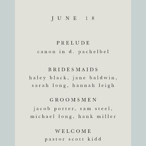 This is a mist unique wedding programs with foil pressed by Hannah Williams called blue garden printing on signature in 4x9