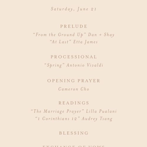 This is a ivory unique wedding programs with foil pressed by Jennifer Wick called esther's garden printing on signature in 4x9