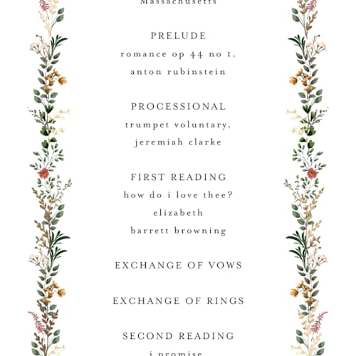 This is a blush unique wedding programs with foil pressed by Susan Moyal called blooming vine printing on signature in 4x9