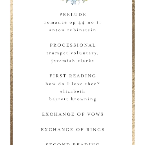 This is a coastal unique wedding programs with foil pressed by Susan Moyal called garden whisper printing on signature in 4x9