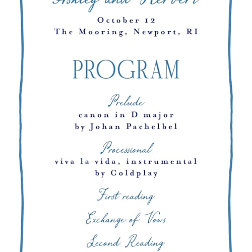 This is a cerulean unique wedding programs with standard by Tamara Hilje called positano printing on signature in standard