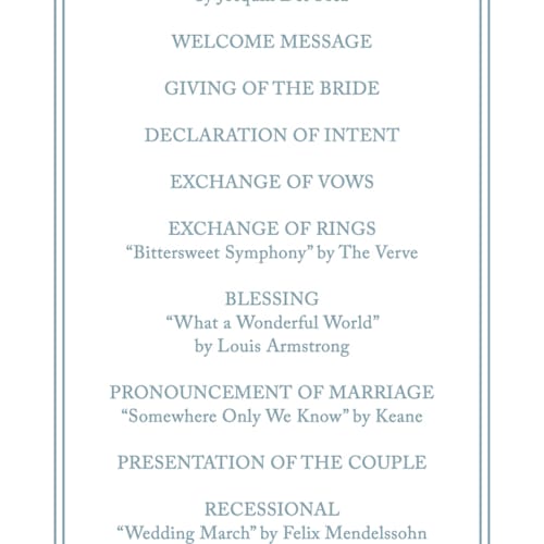 This is a french unique wedding programs with standard by Carolyn MacLaren called fleur corner printing on signature in standard