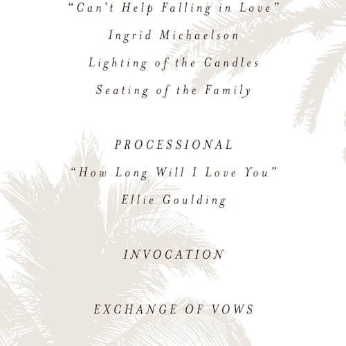 This is a ecru unique wedding programs with standard by AK Graphics called palm printing on signature in standard