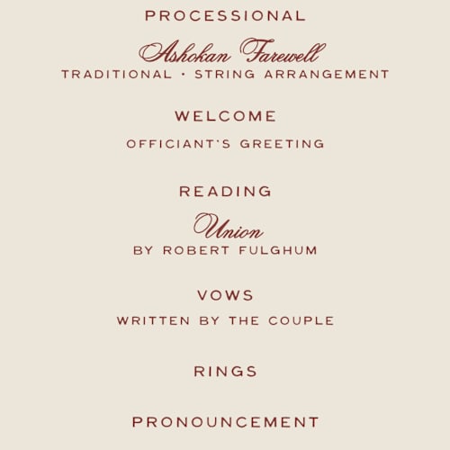 This is a rust unique wedding programs with standard by Ani Somi called rose ink printing on signature in standard