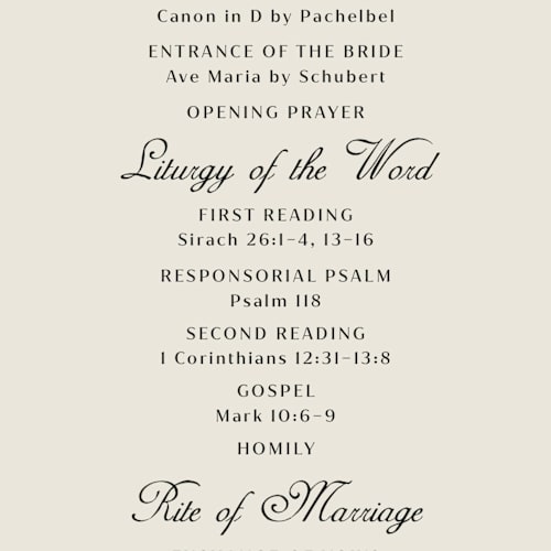 This is a ivory unique wedding programs with standard by Ani Somi called milagro printing on signature in standard