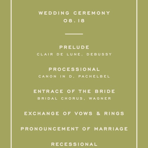 This is a olive unique wedding programs with standard by Ellen Schlegelmilch called rory printing on signature in standard