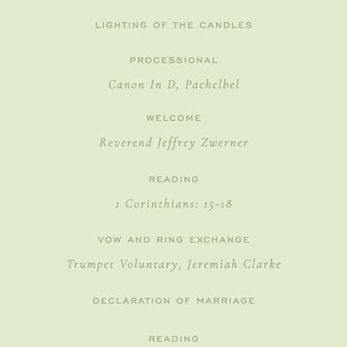 This is a mint unique wedding programs with standard by Sara Hicks Malone called montgomery printing on signature in standard