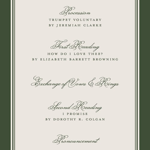This is a evergreen unique wedding programs with standard by Kelly Watkins called emerson printing on signature in standard