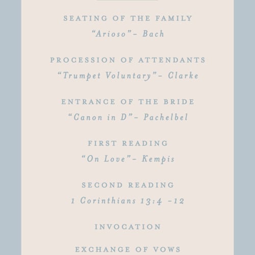 This is a powder blue unique wedding programs with standard by Creo Study called scripted printing on signature in 4x9