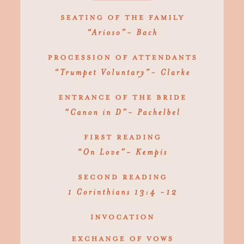 This is a sunset unique wedding programs with standard by Creo Study called scripted printing on signature in standard