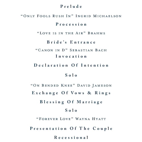 This is a powder blue unique wedding programs with standard by chocomocacino called melihrolo printing on signature in 4x9