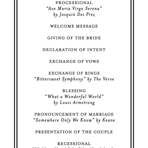 This is a tuxedo unique wedding programs with standard by Carolyn MacLaren called timeless together printing on signature in 4x9