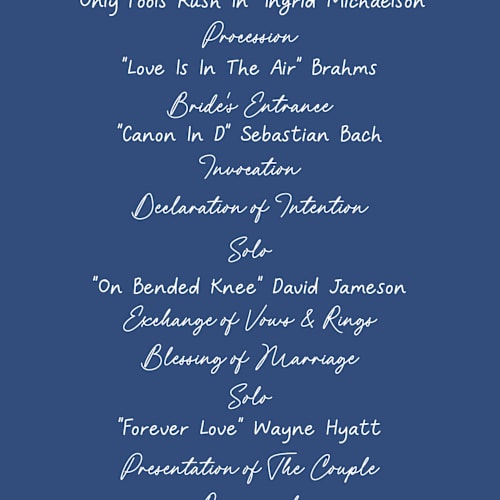 This is a santorini unique wedding programs with standard by chocomocacino called strazzate printing on signature in 4x9