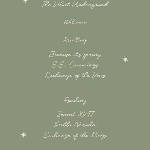 This is a sage unique wedding programs with standard by Helena Vitto called the bird song printing on signature in 4x9