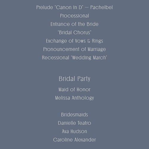 This is a french blue unique wedding programs with standard by Nicoletta Savod called ritzy printing on signature in standard