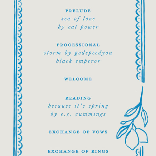 This is a ocean unique wedding programs with standard by Pati Cascino called mediterraneo printing on signature in 4x9