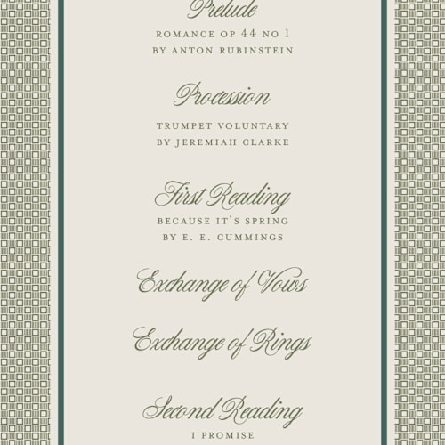 This is a moss unique wedding programs with standard by Kelly Watkins called literary printing on signature in standard