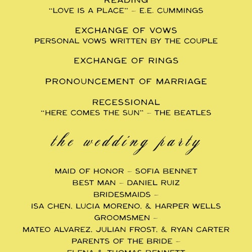 This is a lemon unique wedding programs with standard by Ani Somi called in lights printing on signature in standard