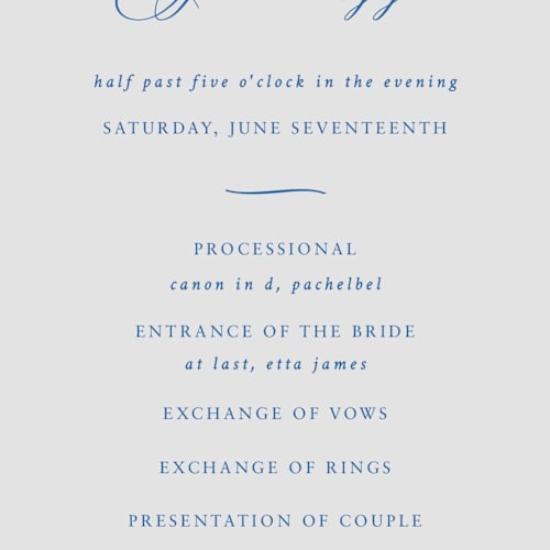 This is a blue mist unique wedding programs with standard by Design Lotus called amalfi blue printing on signature in standard