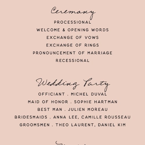 This is a blush unique wedding programs with standard by Ani Somi called ballpoint suite printing on signature in standard