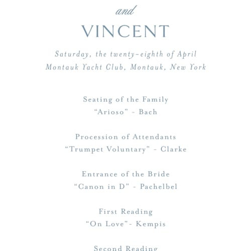 This is a dusty blue unique wedding programs with standard by Jennifer Postorino called coastal charm printing on signature in standard