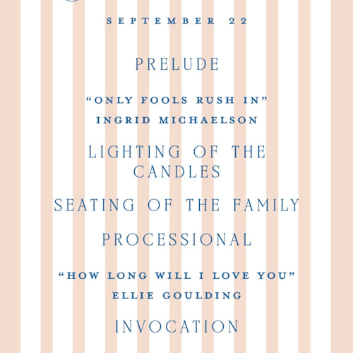 This is a coral unique wedding programs with standard by Erin German called preppy printing on signature in 4x9