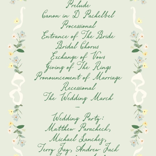 This is a spring unique wedding programs with standard by Phrosné Barwood called spring draped garland printing on signature in standard