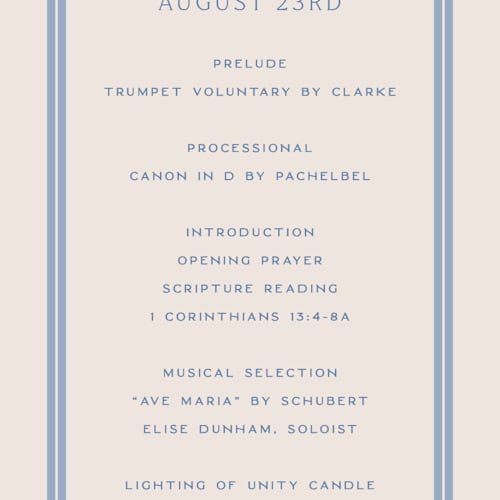 This is a periwinkle unique wedding programs with standard by Hooray Creative called twin border printing on signature in standard