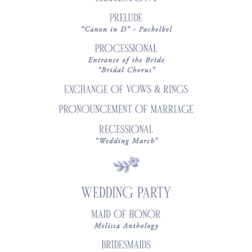 This is a cerulean unique wedding programs with standard by Jenna Holcomb called embroidered printing on signature in standard