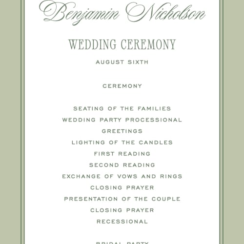 This is a moss unique wedding programs with standard by Kelly Schmidt called woods printing on signature in standard