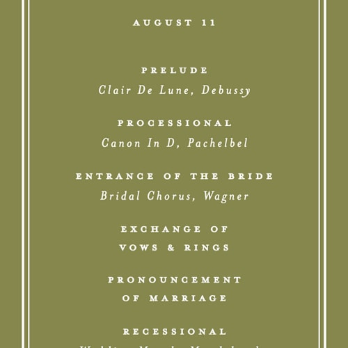 This is a olive unique wedding programs with standard by Ellen Schlegelmilch called museo printing on signature in standard