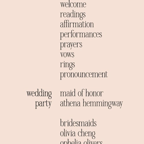 This is a champagne unique wedding programs with standard by Hudson meet Rose called noho printing on signature in 4x9