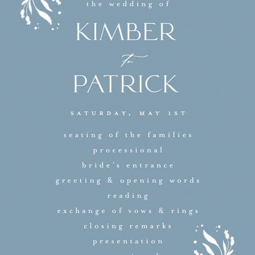 This is a delft blue unique wedding programs with standard by Ashley DeMeyere called porcelain printing on signature in 4x9