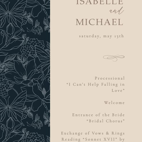 This is a sky unique wedding programs with standard by Sabrin Deirani called magnolias printing on signature in 4x9