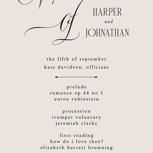 This is a linen unique wedding programs with standard by Kate Ahn called mirin printing on signature in standard