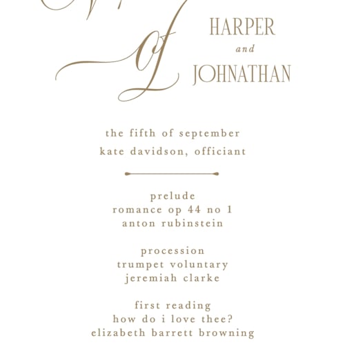 This is a sand unique wedding programs with standard by Kate Ahn called mirin printing on signature in 4x9