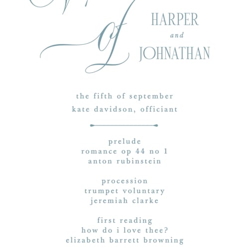 This is a sky unique wedding programs with standard by Kate Ahn called mirin printing on signature in 4x9